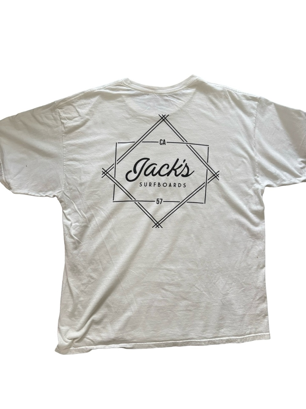 Jacks Surfboard Men's White Graphic Short-Sleeve Tee. Cover photo is back. XL
